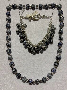 Viva Beads Artisan Blue, Black Swirl Polymer Clay Bead Necklace & Bracelet Set